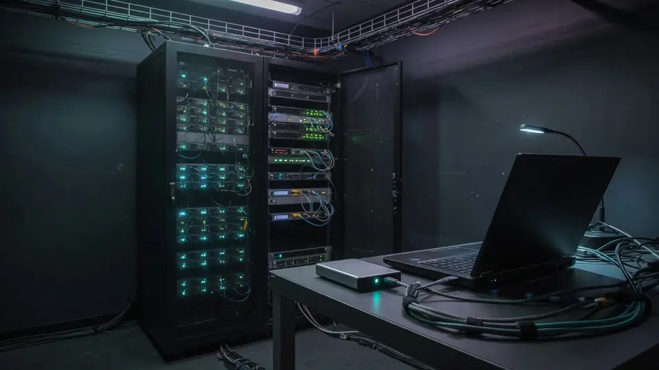 Server racks and a laptop in a dim operations room