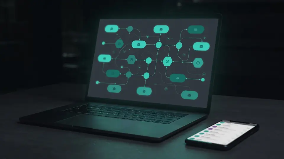 Laptop showing an email automation canvas next to a phone