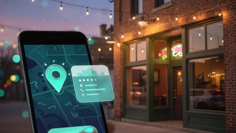 Phone map pin in front of a lit storefront