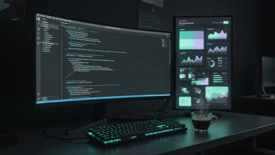 Code editor and dashboard screens on a developer desk